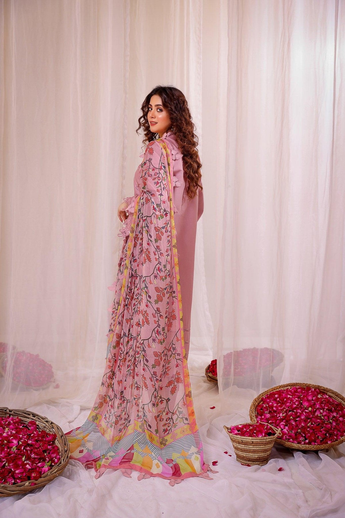 Dhanak-3PC Embroidered Shirt with Digital Printed Shawl - 664