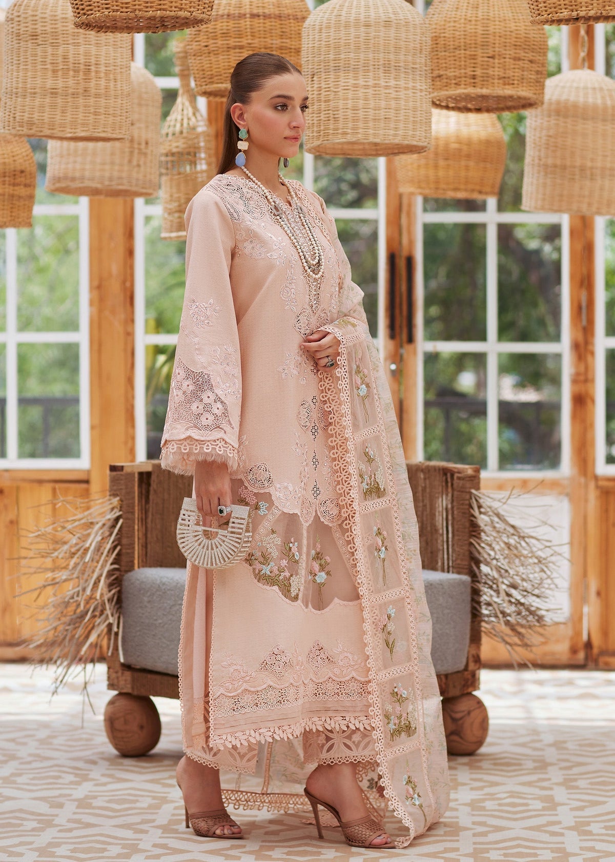 Lawn-3PC Embroidered Shirt with Organza Printed Dupatta with Embroidery - 5109
