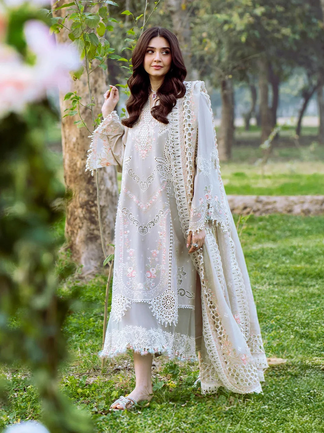 Dhanak-3PC Chikankari Embroidered Shirt with Khadi Net Embroidered Dupatta - 6329