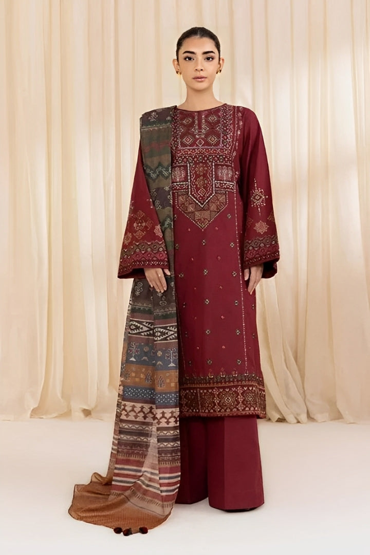 Dhanak-3PC Embroidered Shirt with Digital Printed Shawl - 3268
