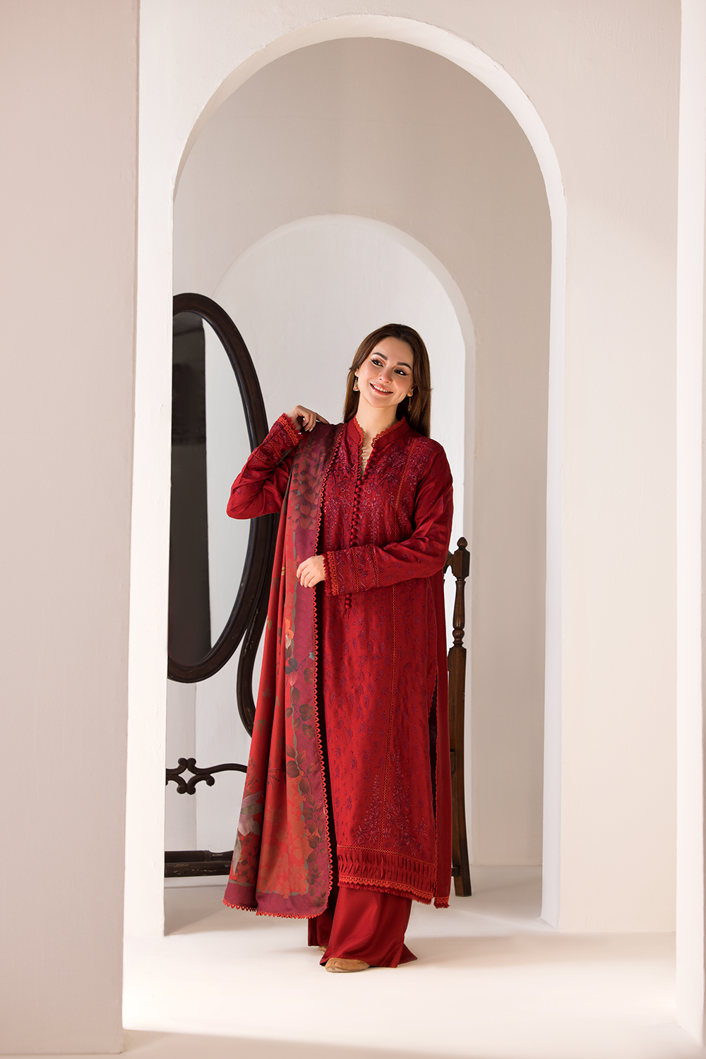 Dhanak-3PC Embroidered Shirt with Digital Printed Shawl - 688