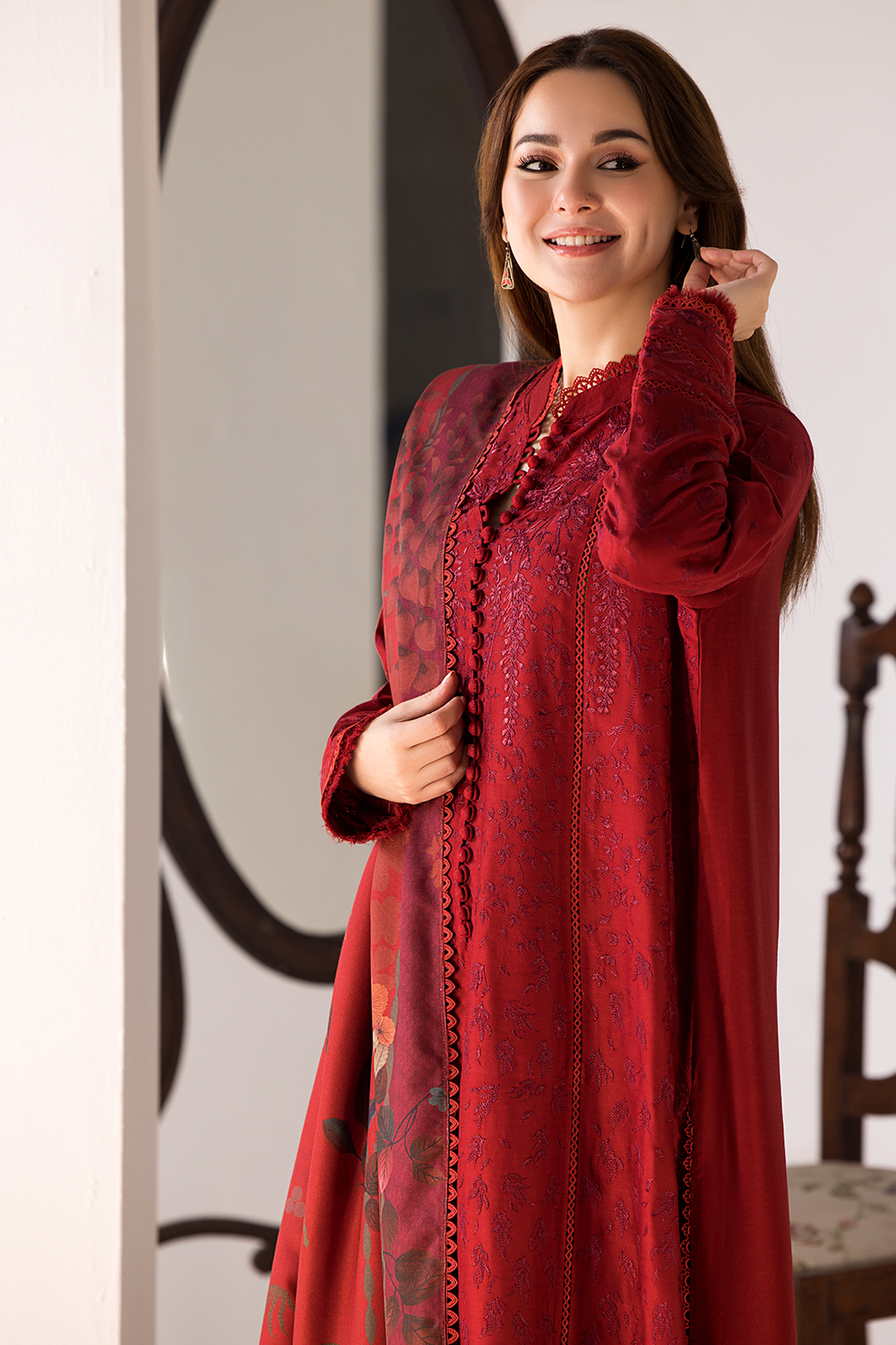 Dhanak-3PC Embroidered Shirt with Digital Printed Shawl - 688