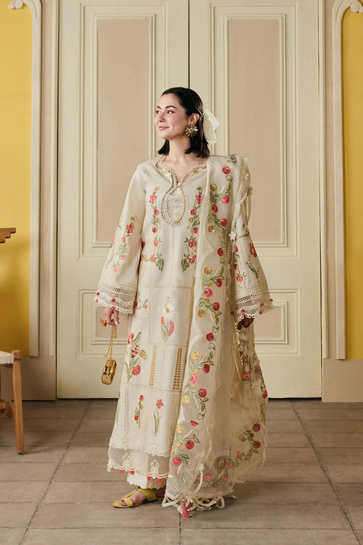 Dhanak-3PC Chikankari Embroidered Shirt with Khadi Net Embroidered Dupatta - 6389