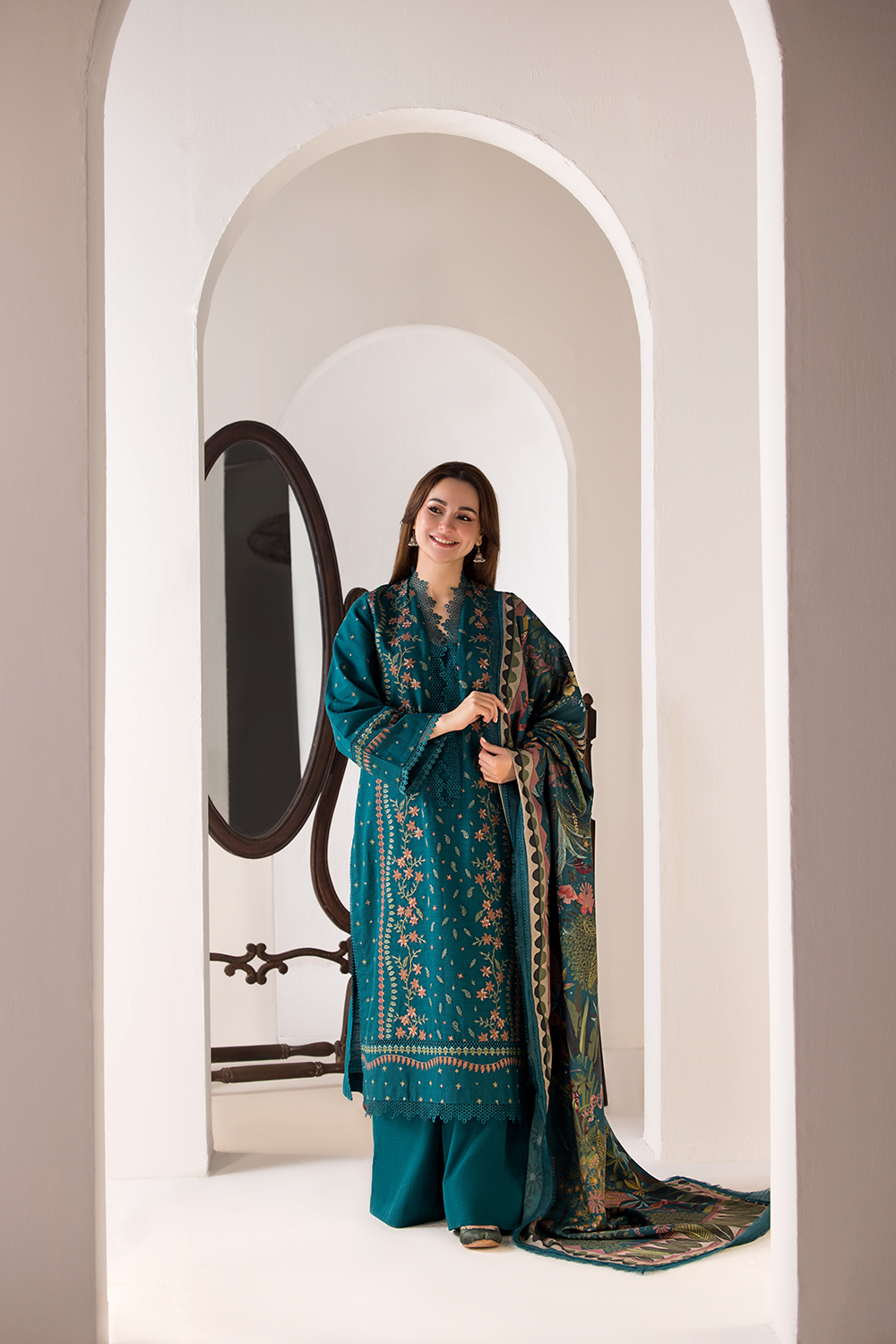 Dhanak-3PC Embroidered Shirt with Digital Printed Shawl - 685