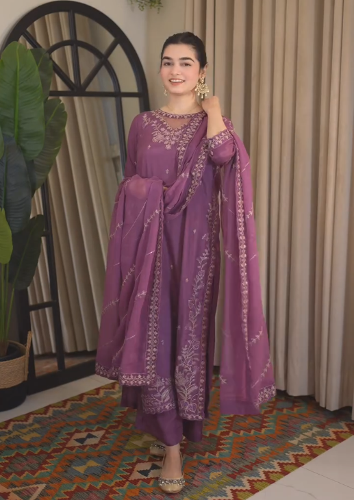 Dhanak-3PC Sequence Embroidered Shirt with Chiffon Embroidered Dupatta - 6441