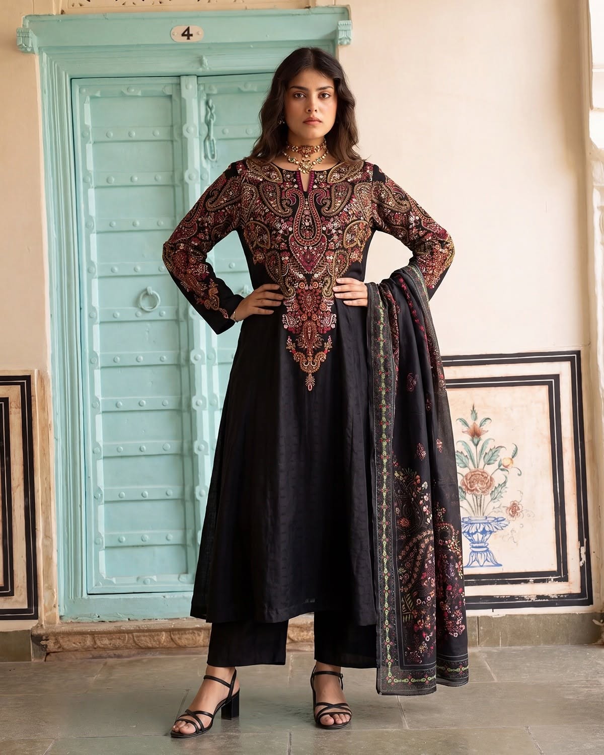 Dhanak-3PC Embroidered Shirt with Digital Printed Shawl - 6485
