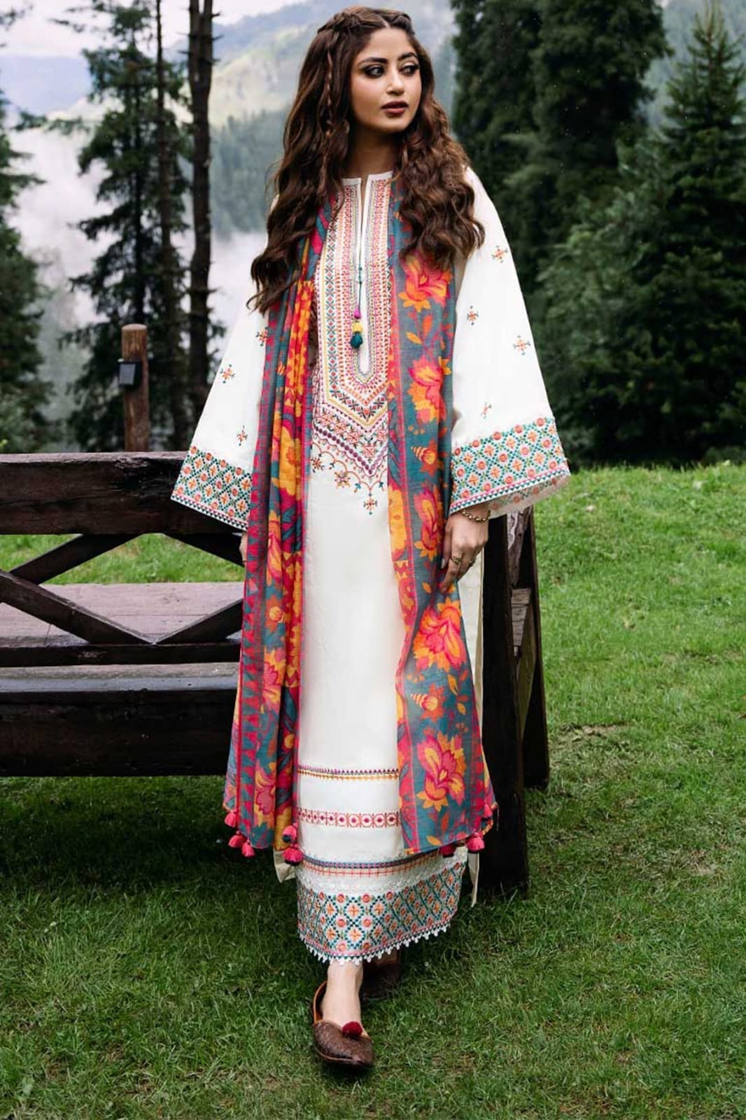 Dhanak-3PC Embroidered Shirt with Digital Printed Shawl - 255