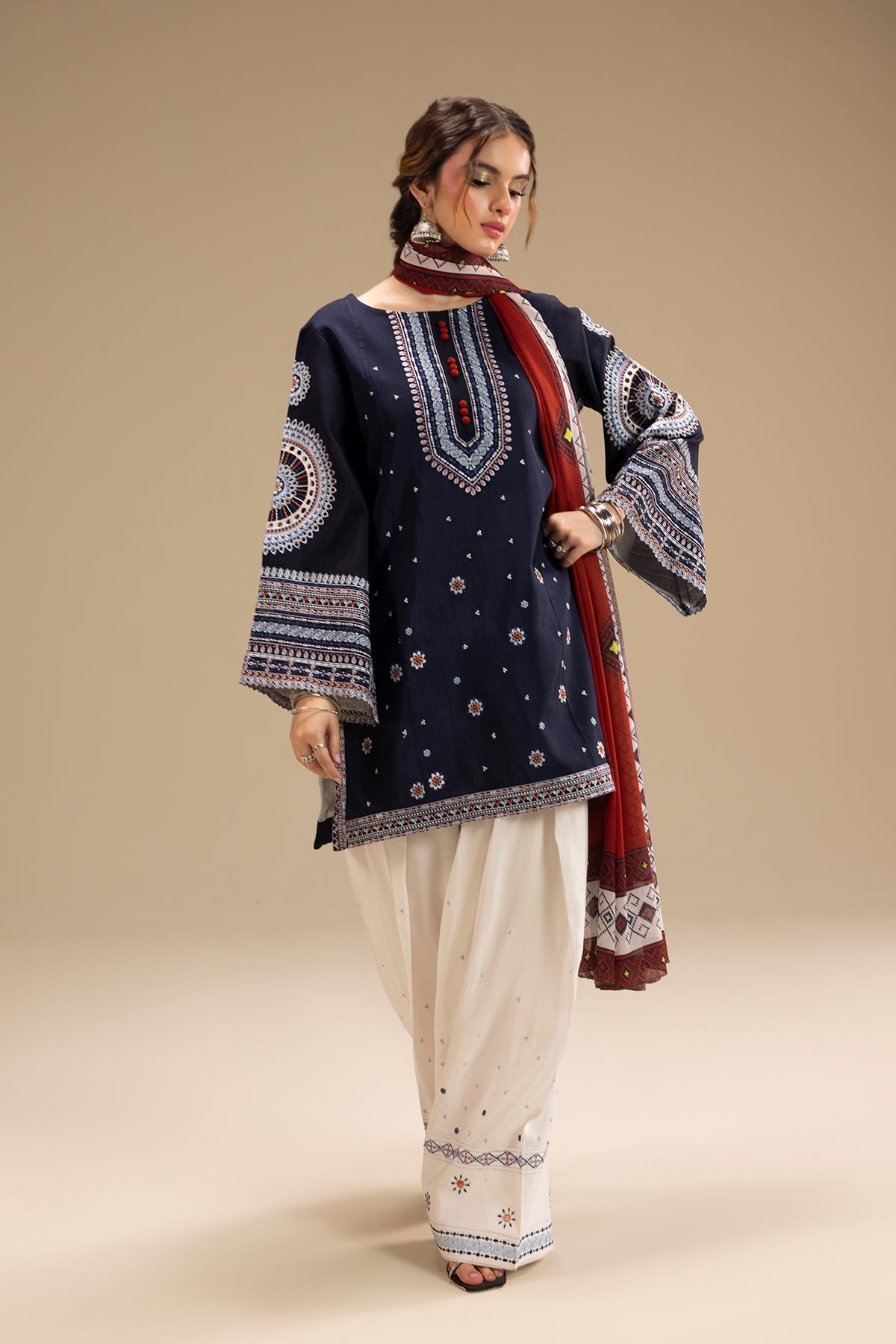 Dhanak-3PC Embroidered Shirt with Digital Printed Shawl - 3324