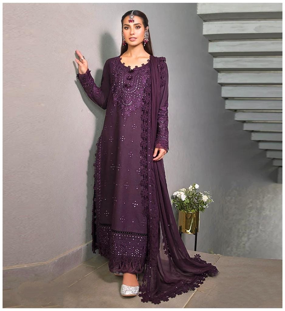 Linen 3PC Embroidered Shirt with Chiffon Embroidered Dupatta-268