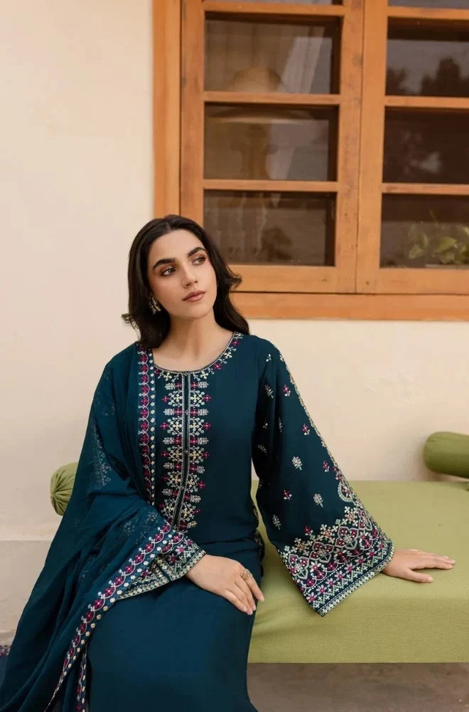 Dhanak-3PC Embroidered Shirt with Chiffon Embroidered Dupatta - 6162