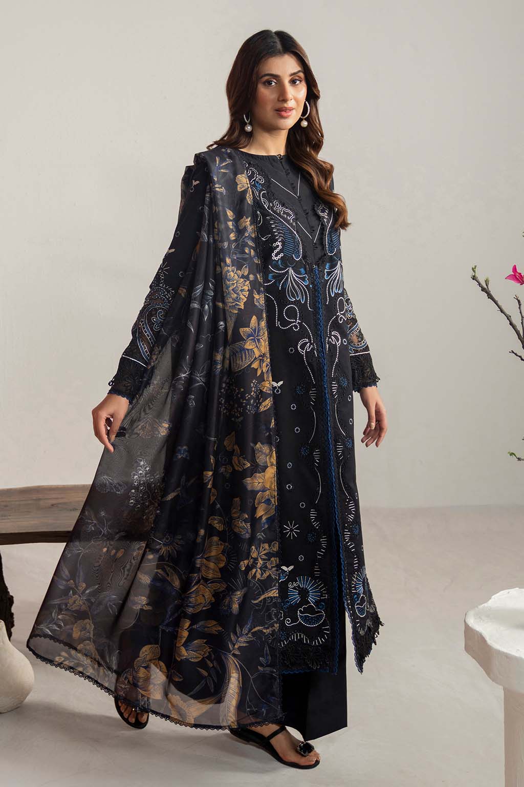 Dhanak-3PC Embroidered Shirt with Digital Printed Shawl- 3365