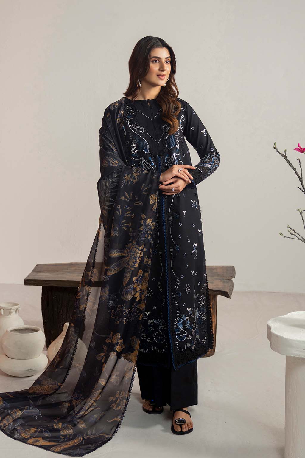 Dhanak-3PC Embroidered Shirt with Digital Printed Shawl- 3365