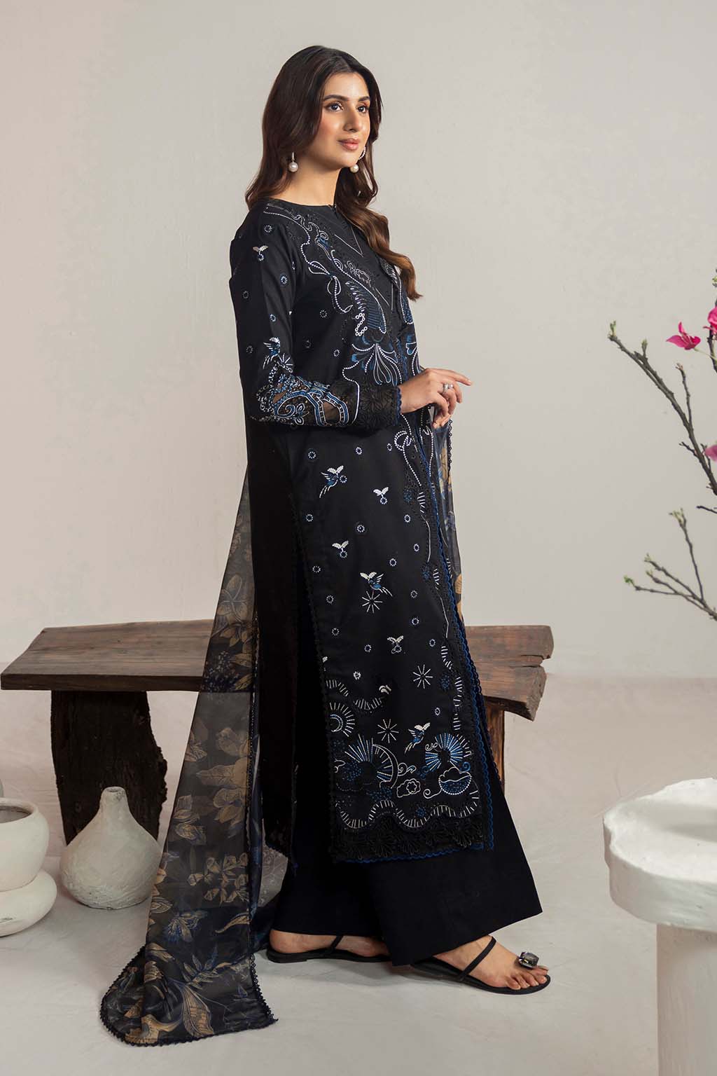 Dhanak-3PC Embroidered Shirt with Digital Printed Shawl- 3365