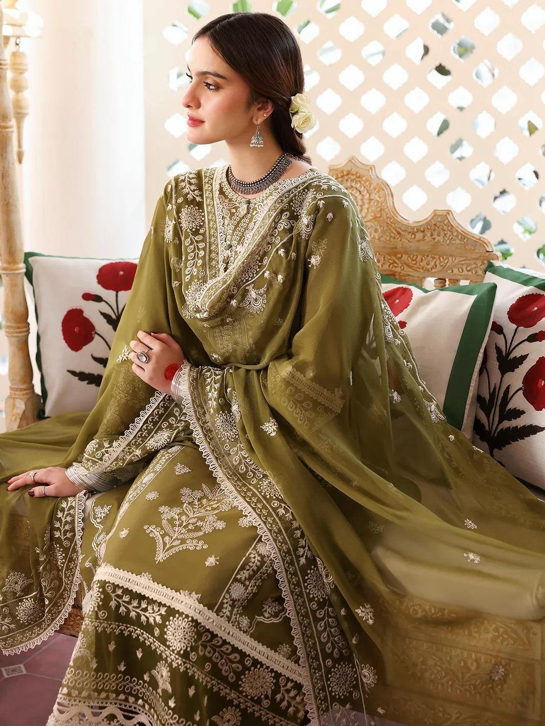 Dhanak-3PC Embroidered Shirt with Khadi Net Embroidered Dupatta - 6211