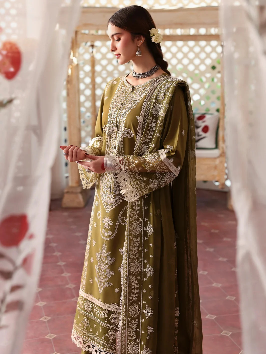 Dhanak-3PC Embroidered Shirt with Khadi Net Embroidered Dupatta - 6211