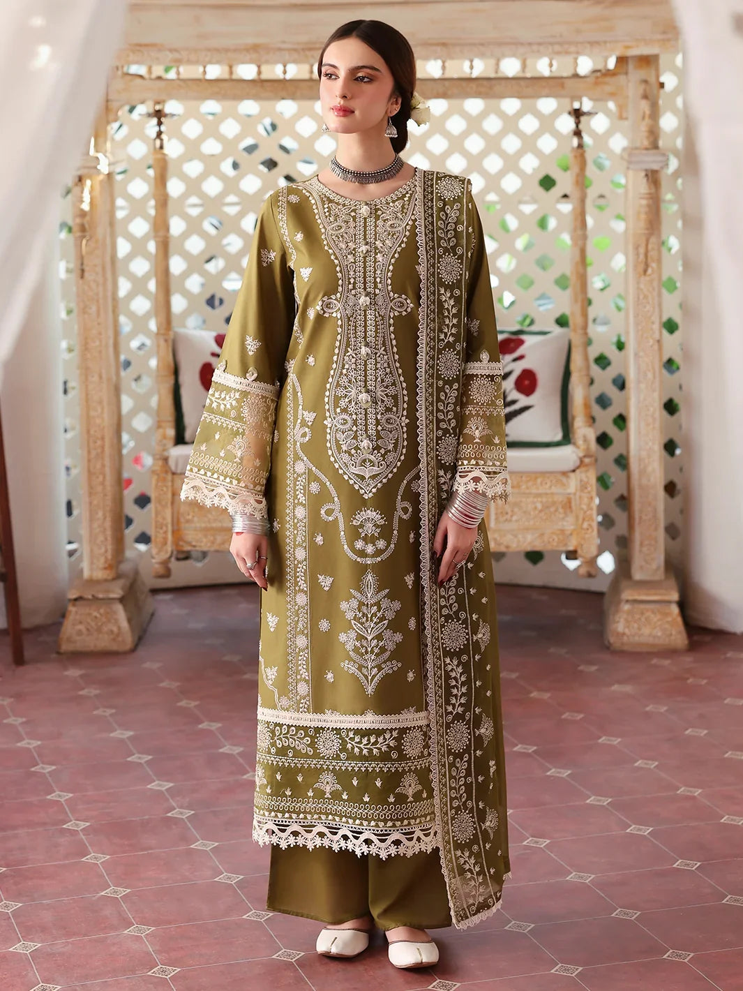 Dhanak-3PC Embroidered Shirt with Khadi Net Embroidered Dupatta - 6211
