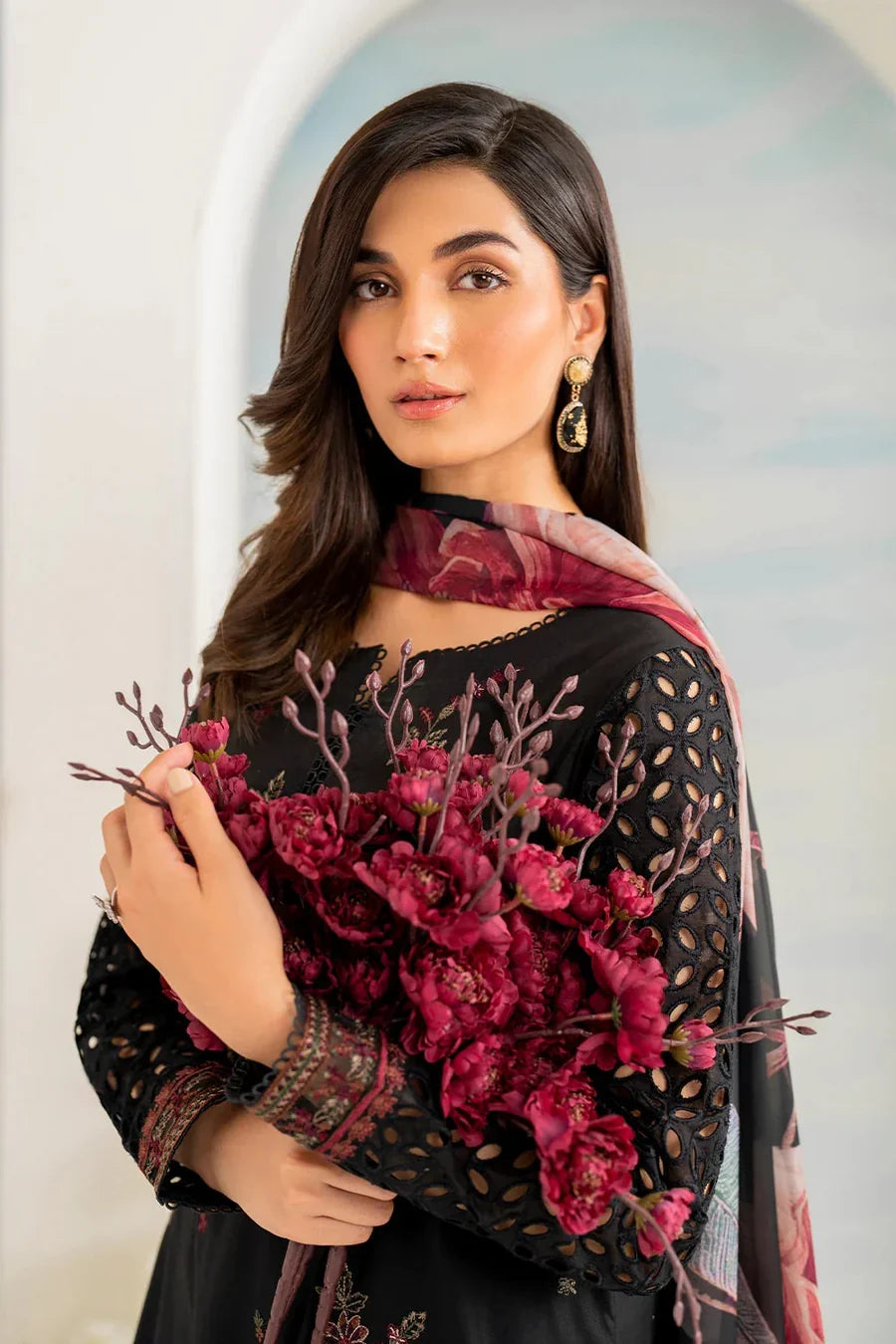 Dhanak-3PC Embroidered Shirt with Digital Printed Shawl - 6074
