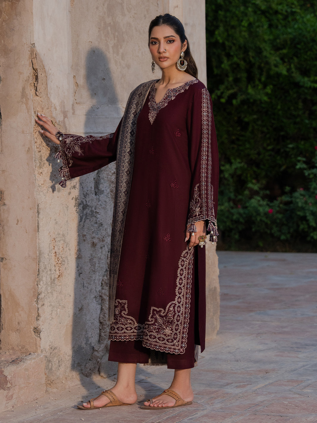 Dhanak-3PC Embroidered Shirt with Digital Printed Shawl - 6047