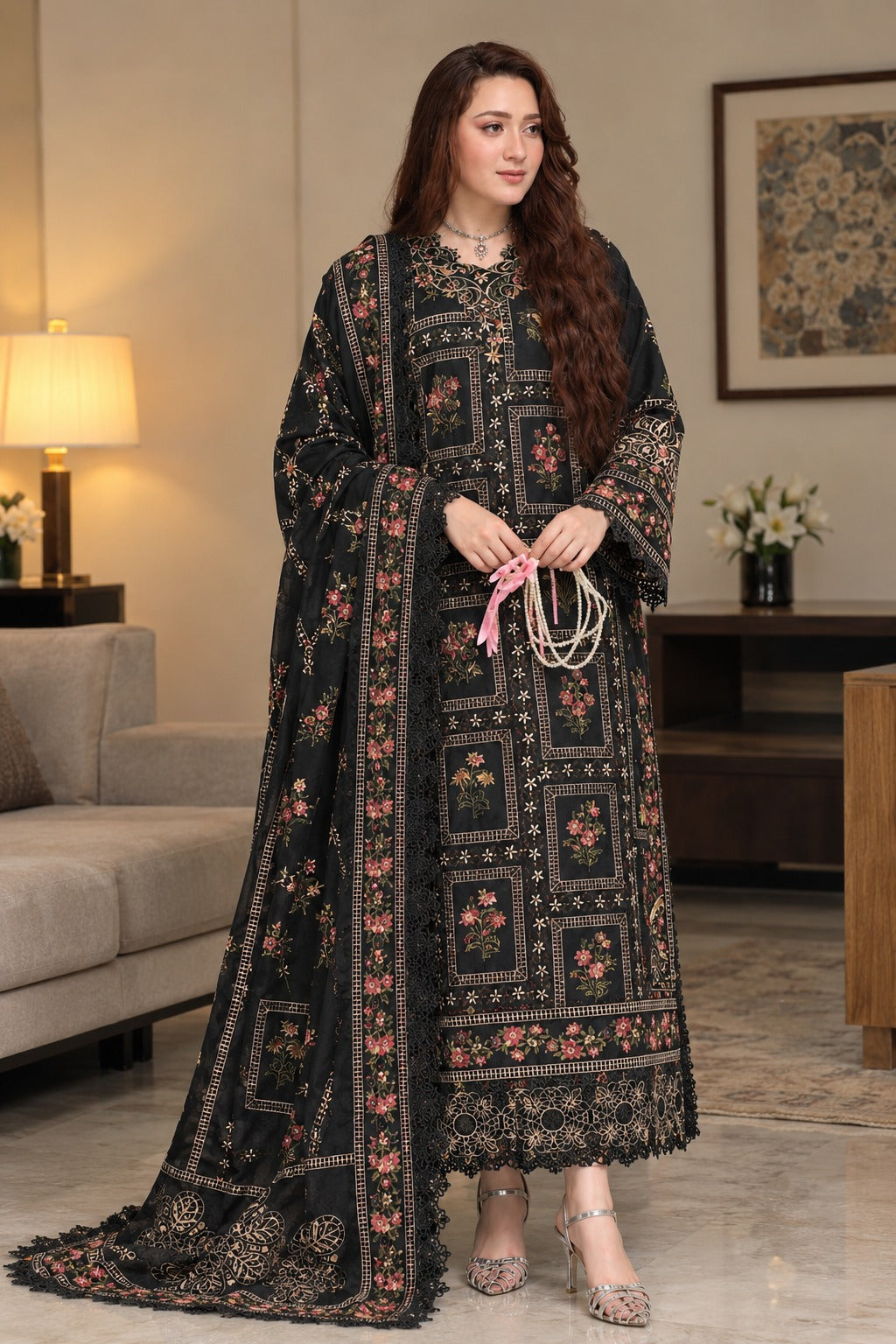 Dhanak-3PC Embroidered Shirt with Khadi Net RTW Embroidered Dupatta - 6464