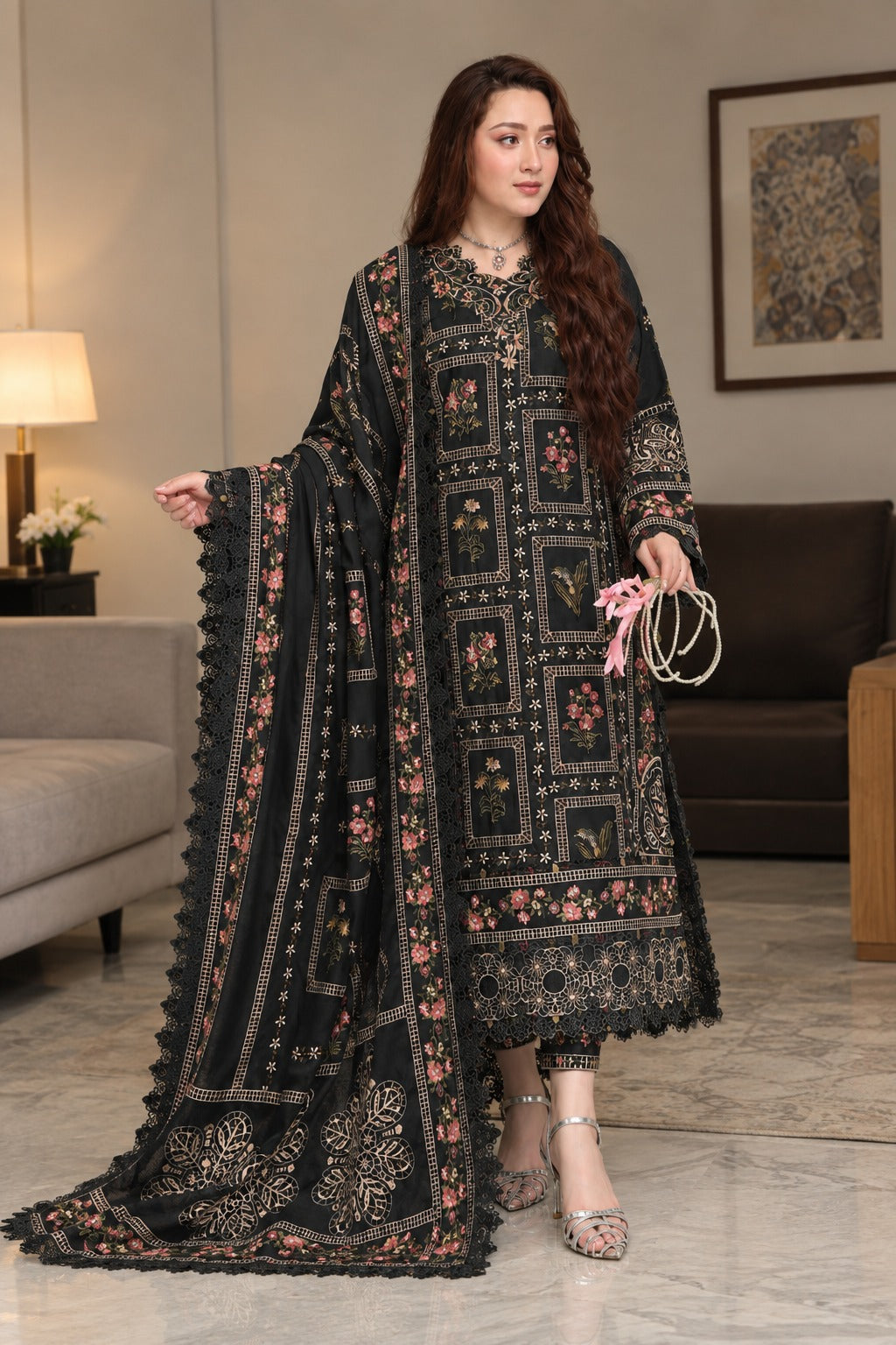 Dhanak-3PC Embroidered Shirt with Khadi Net RTW Embroidered Dupatta - 6464