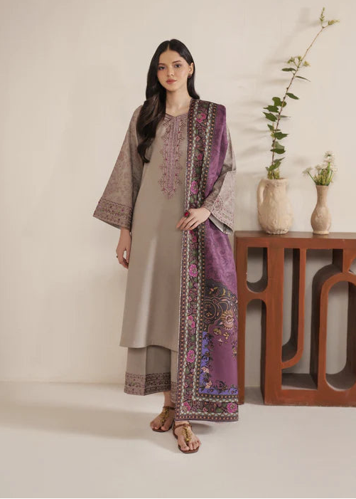 Dhanak-3PC Embroidered Shirt with Digital Printed Shawl - 6444