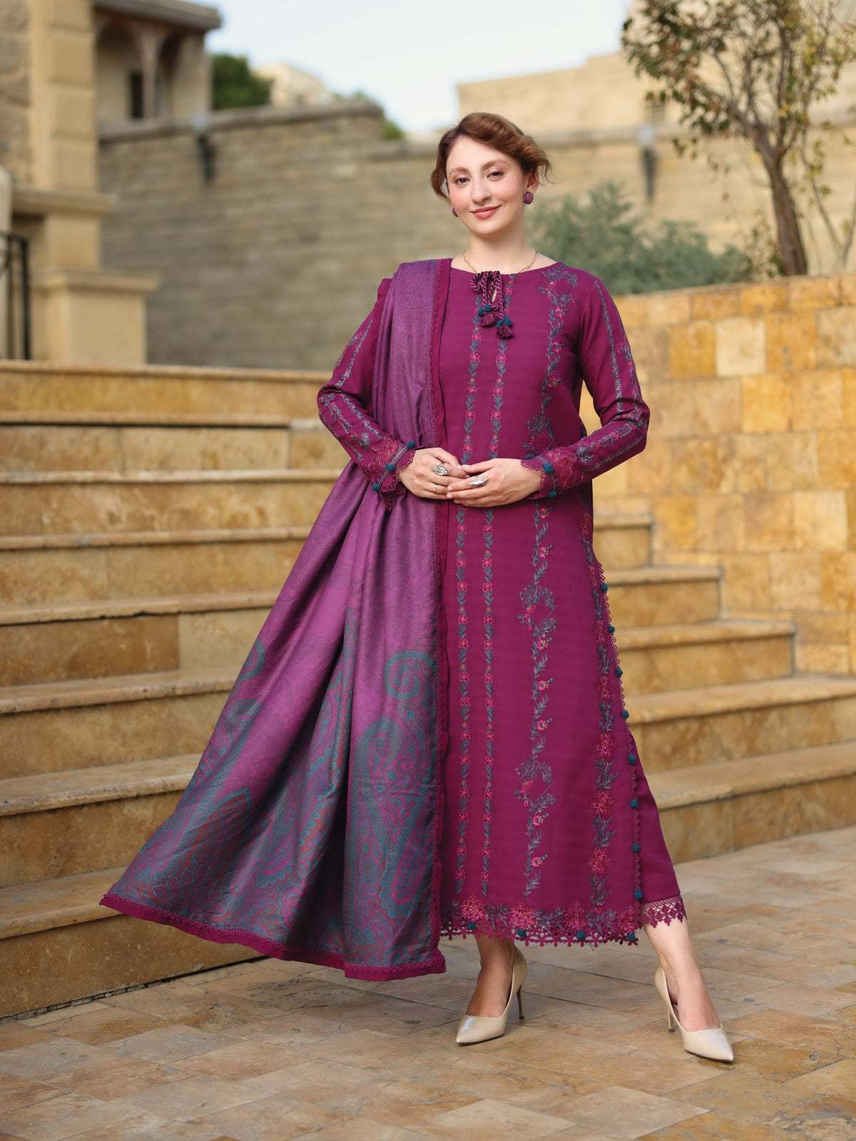 Dhanak-3PC Embroidered Shirt with Digital Printed Shawl - 6043