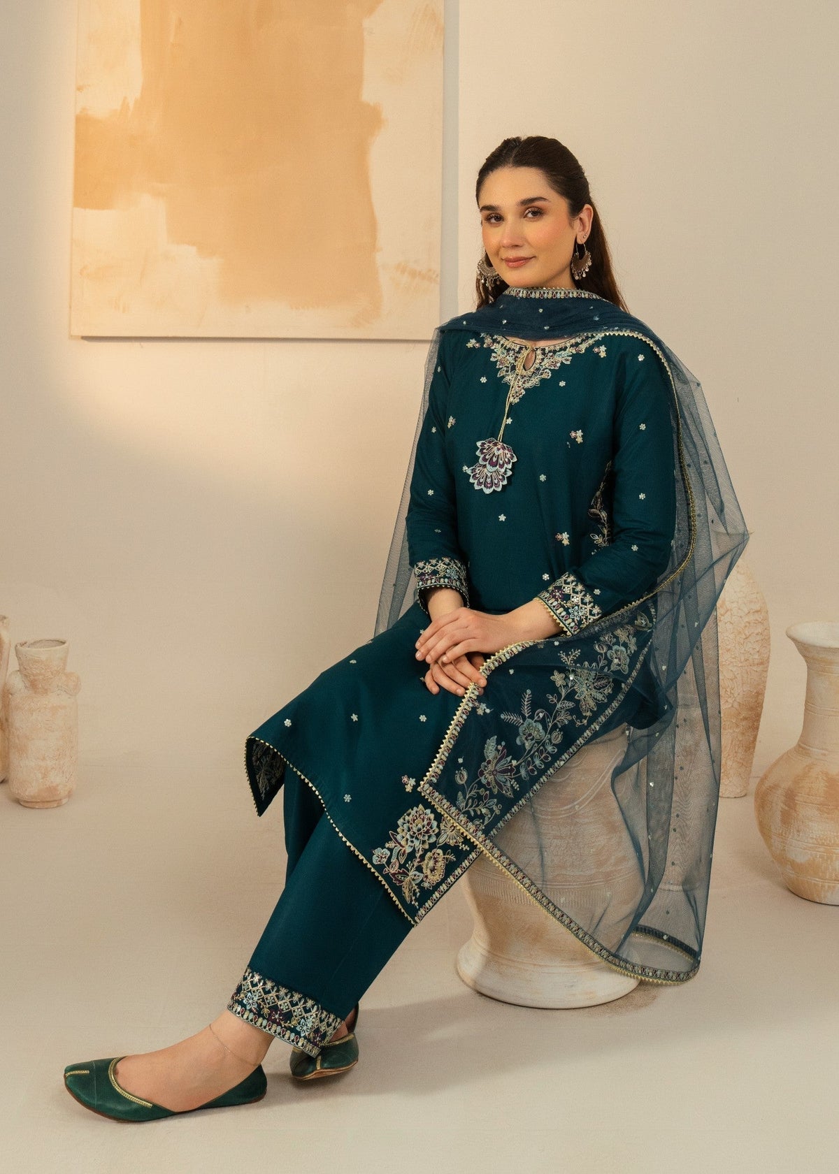 Dhanak-3PC Embroidered Shirt with Chiffon Embroidered Dupatta - 3531