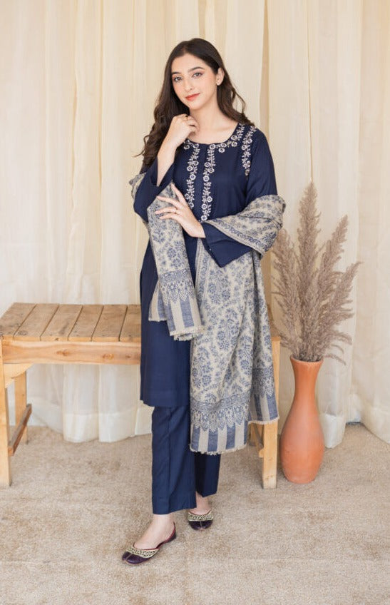 Dhanak-3PC Embroidered Shirt with Digital Printed Shawl - 629