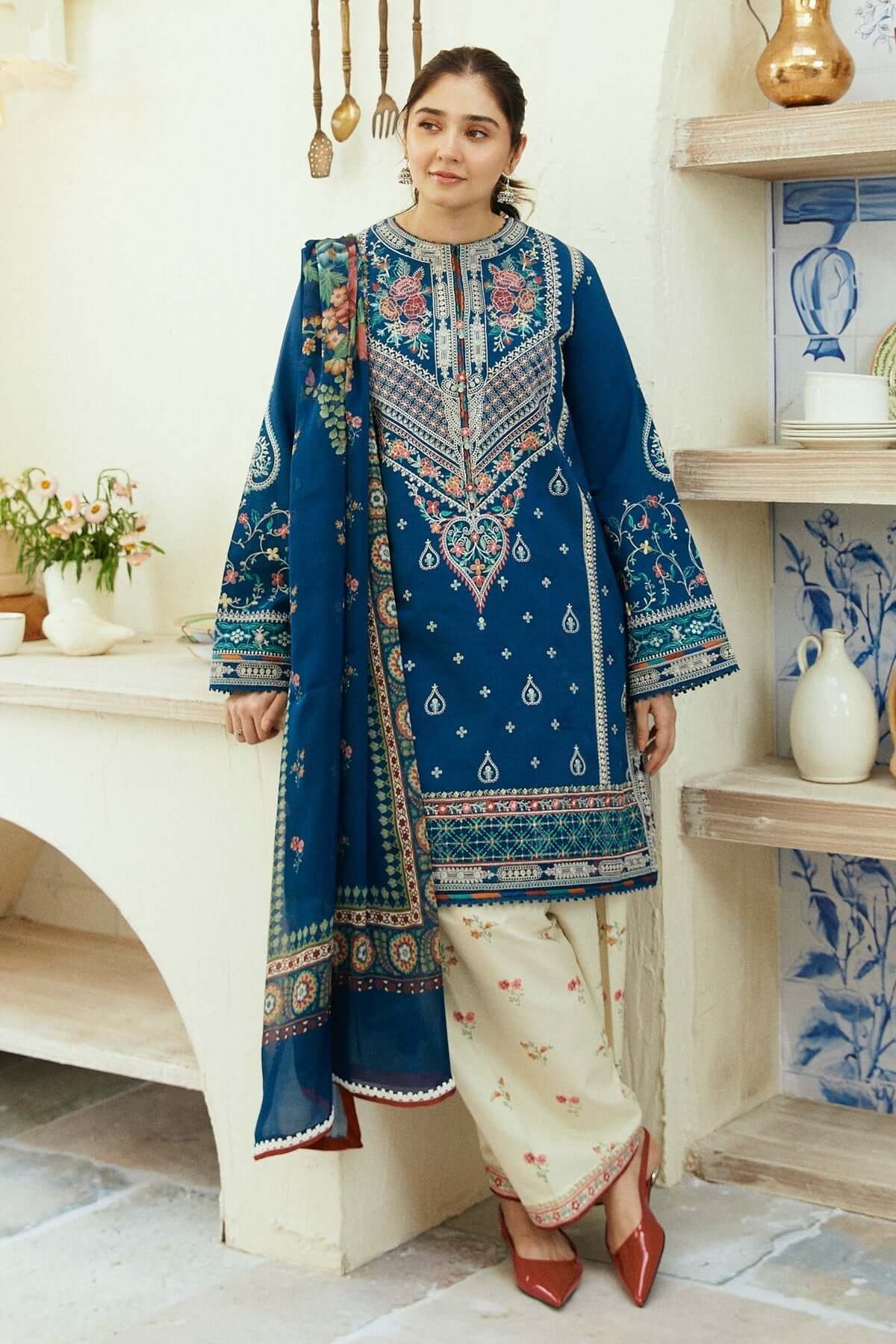 Dhanak-3PC Embroidered Shirt with Digital Printed Shawl - 668