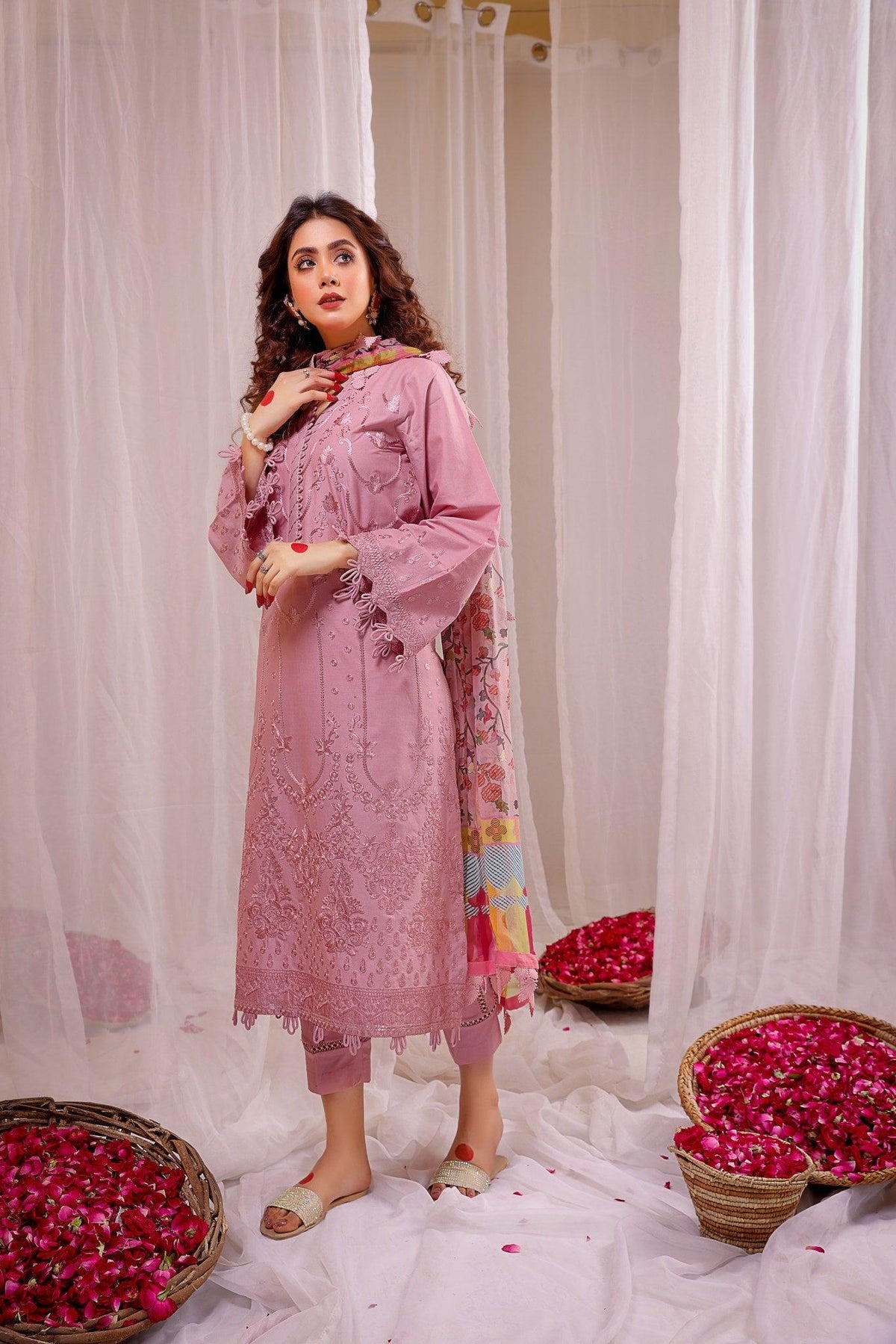 Dhanak-3PC Embroidered Shirt with Digital Printed Shawl - 664