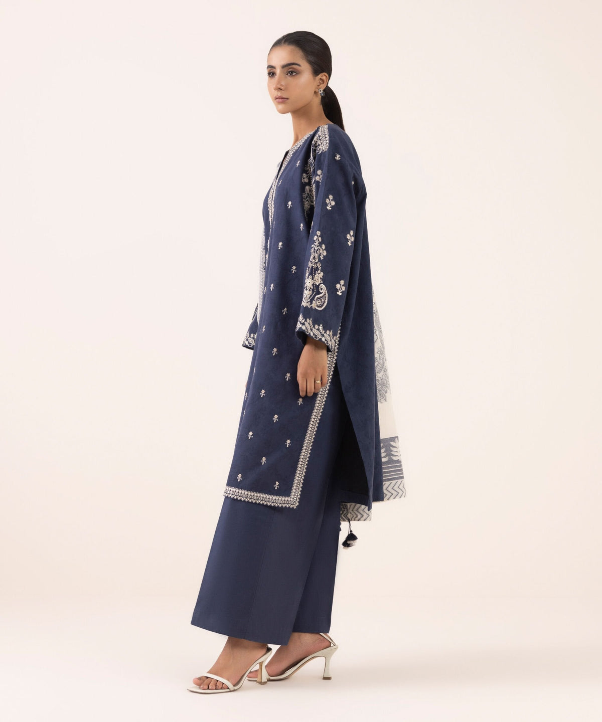 Dhanak-3PC Embroidered Shirt with Digital Printed Wool Shawl - 3511