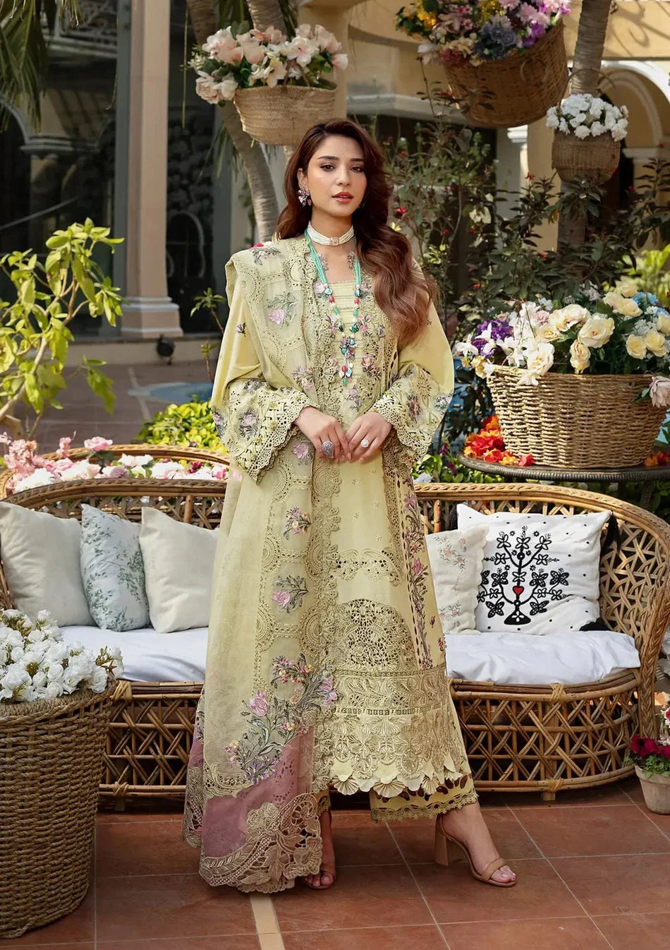 Dhanak-3PC Chikankari Embroidered Shirt with Khadi Net Embroidered Dupatta - 6302