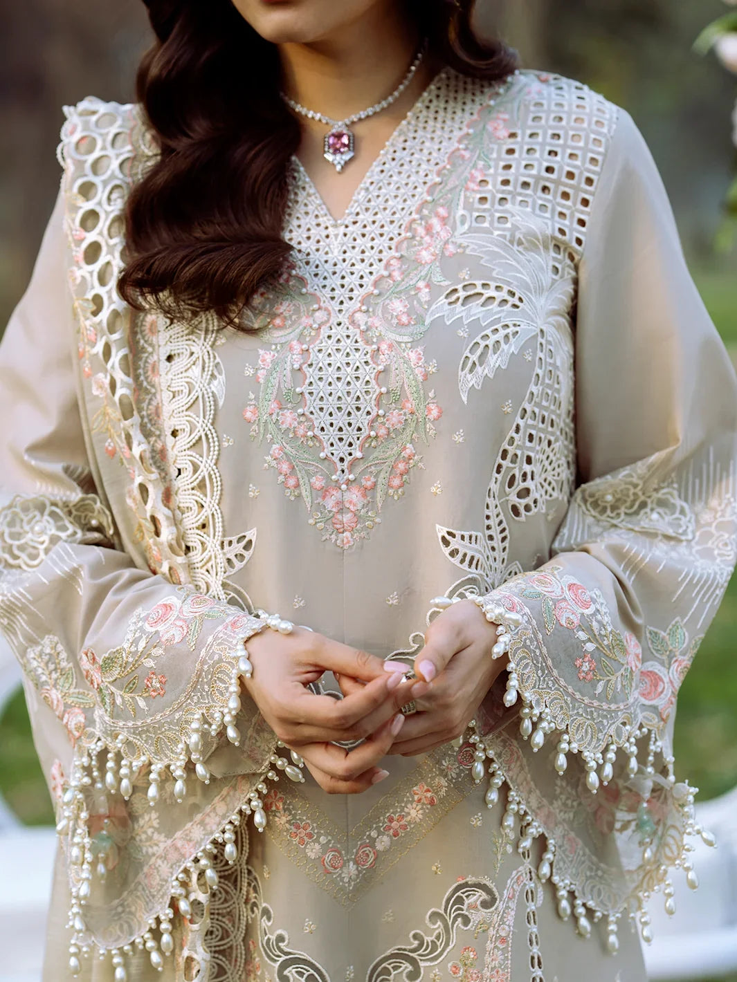 Dhanak-3PC  Chikankari Embroidered Shirt with Khadi Net Embroidered Dupatta - 6329