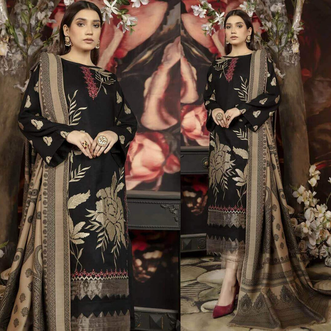 Dhanak-3PC Embroidered with Digital Printed Wool Shawl-3124