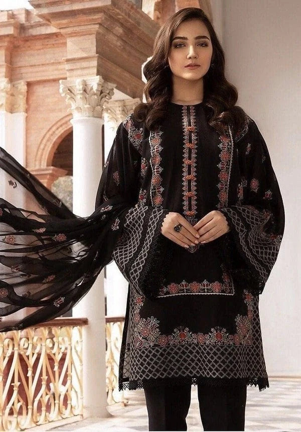 Linen-3PC Embroidered Shirt with Chiffon Embroidered Dupatta-3419
