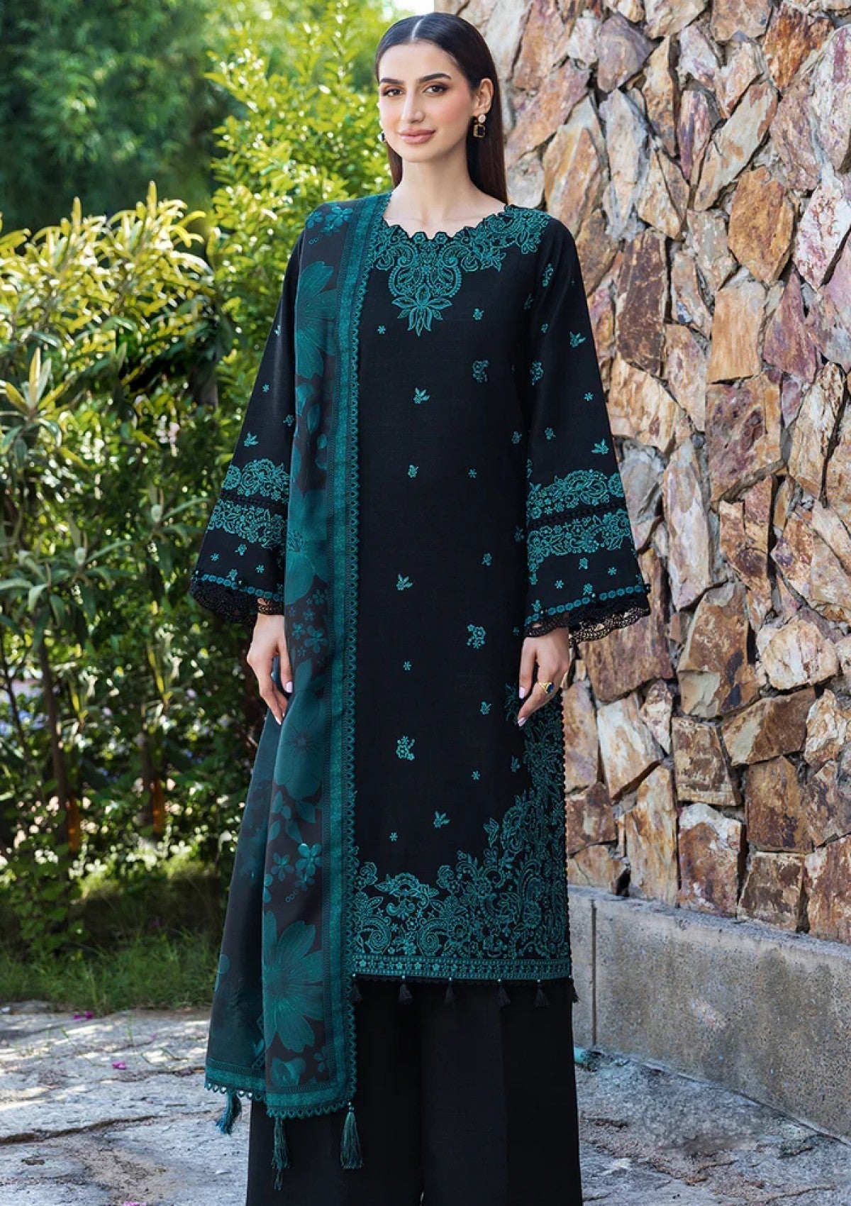 Dhanak-3PC Embroidered Shirt with Digital Printed Shawl - 6098
