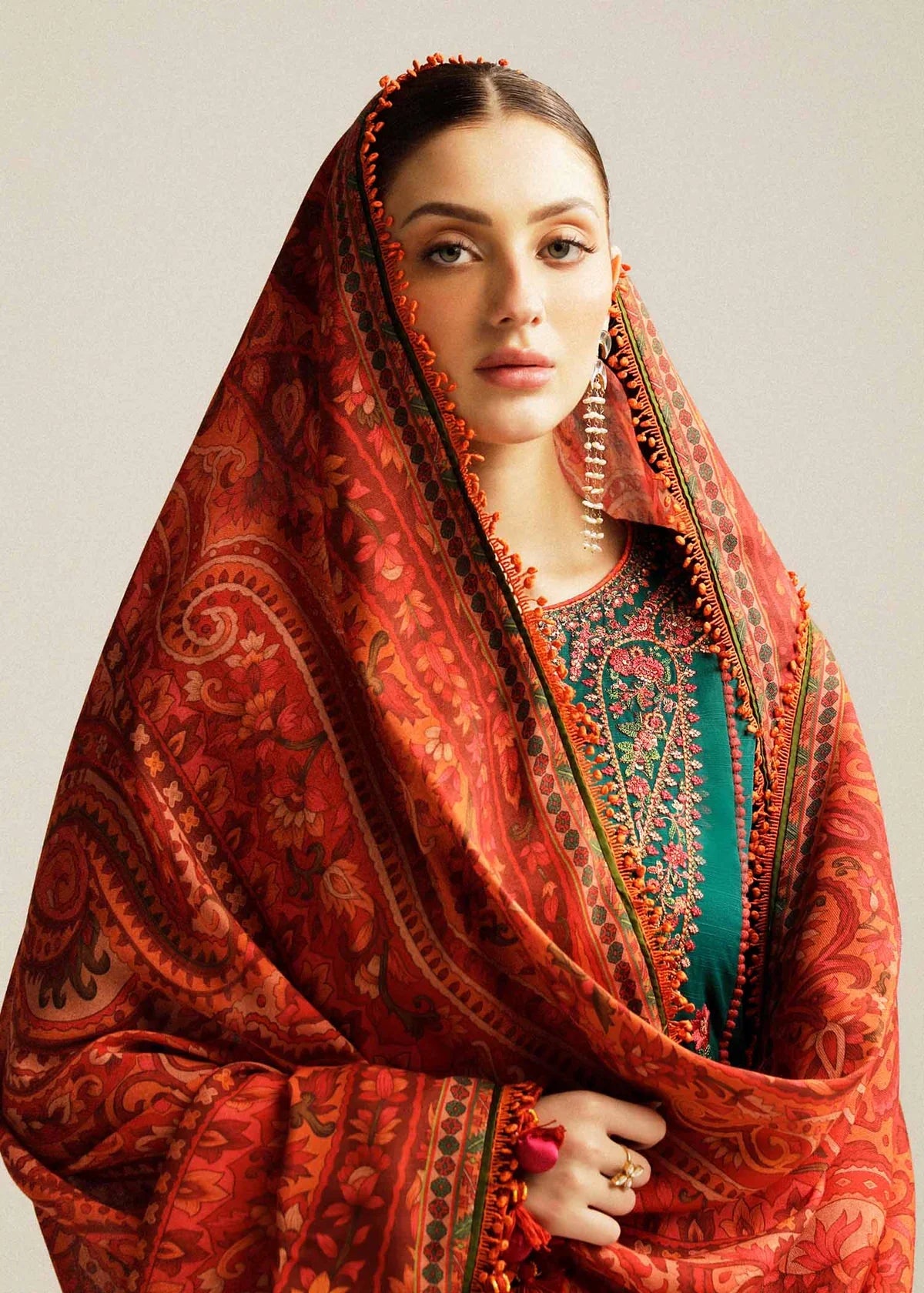 Dhanak-3PC Embroidered Shirt with Digital Printed Shawl - 6113