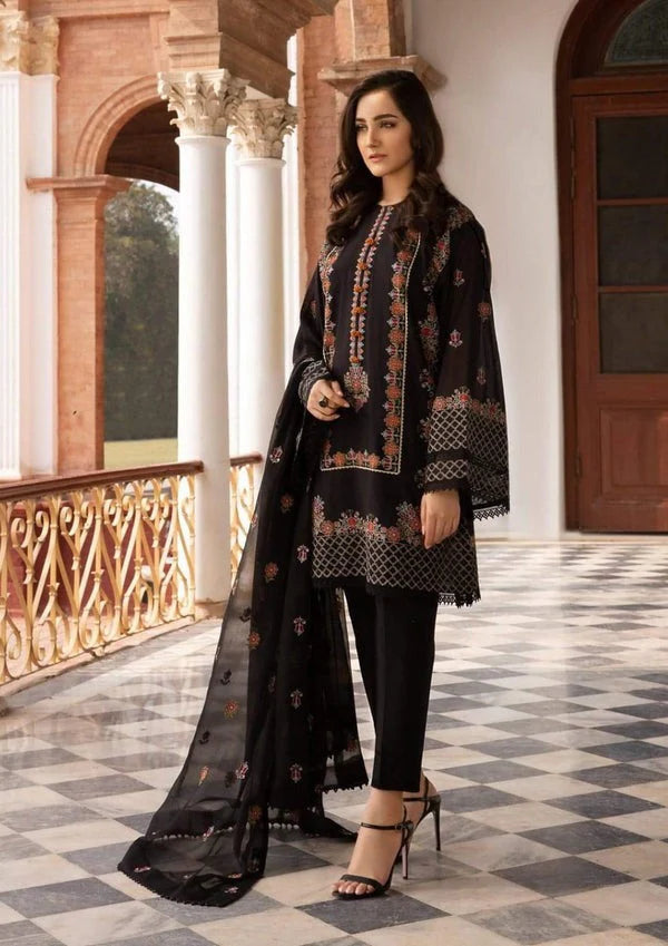 Linen-3PC Embroidered Shirt with Chiffon Embroidered Dupatta-3419