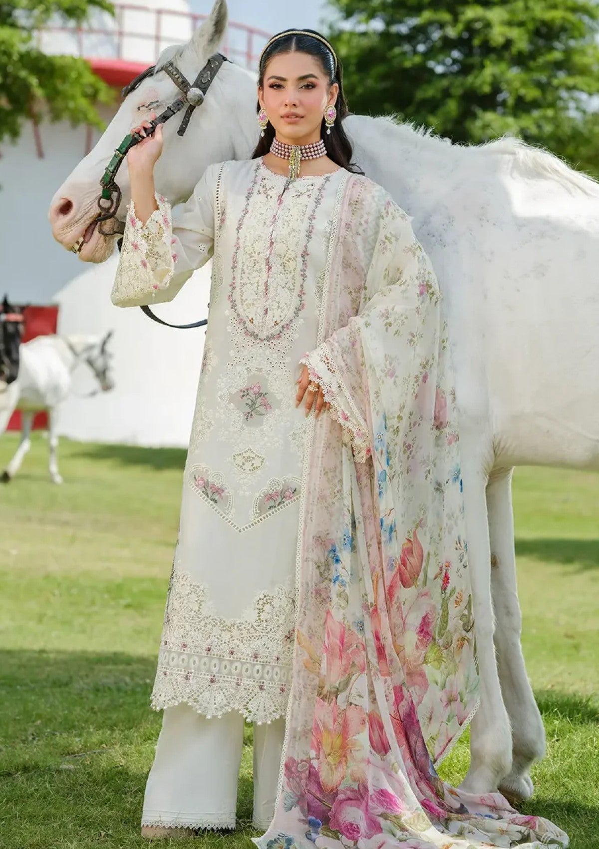 Lawn-3PC Chikankari Embroidered With Digital Printed Jacquard Dupatta-5202