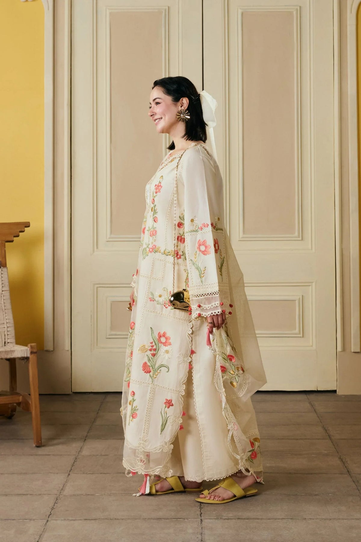 Dhanak-3PC Chikankari Embroidered Shirt with Khadi Net Embroidered Dupatta - 6389
