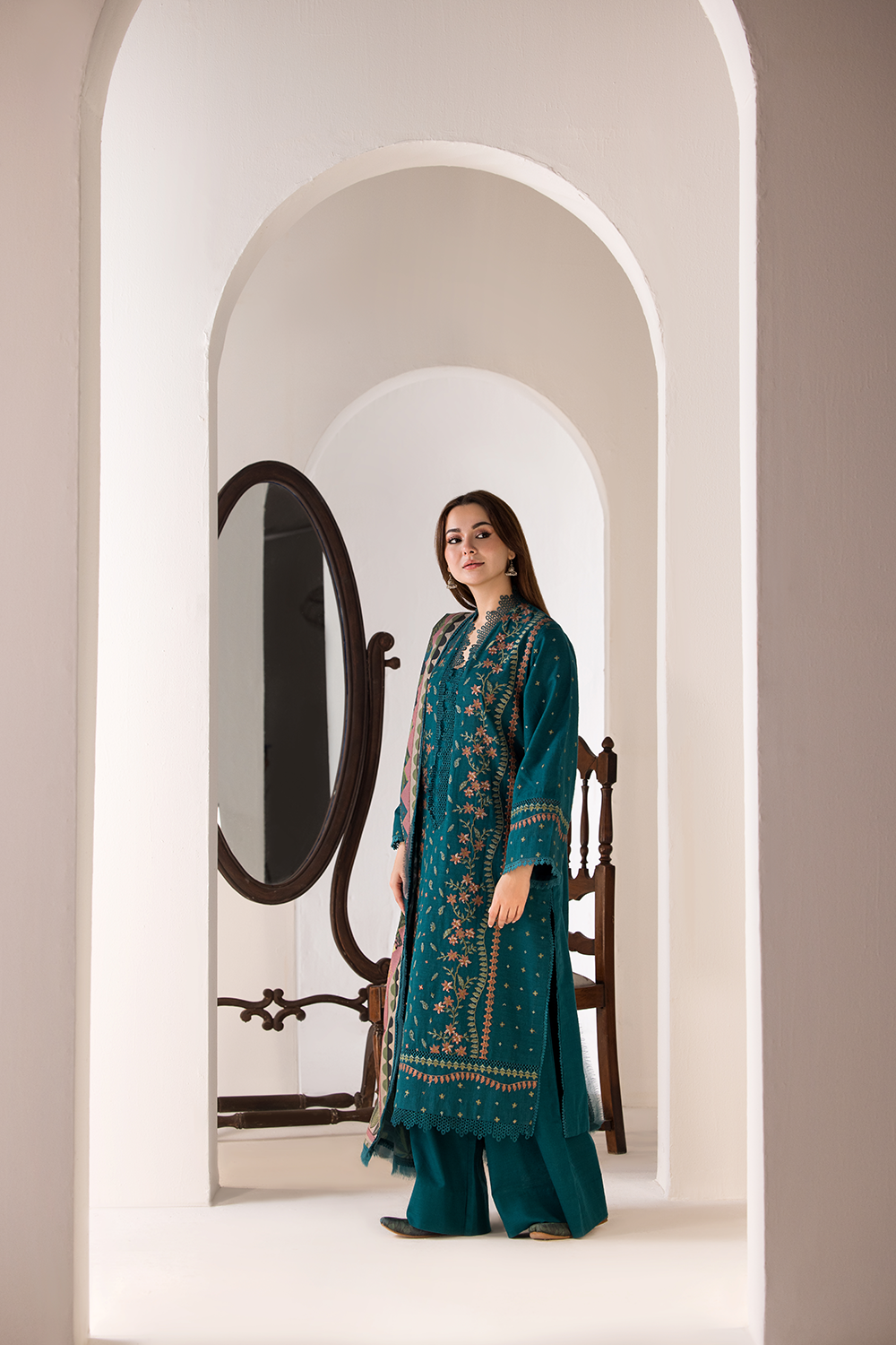 Dhanak-3PC Embroidered Shirt with Digital Printed Shawl - 685