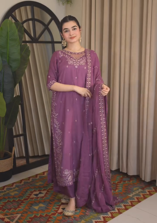Dhanak-3PC  Sequence Embroidered Shirt with Chiffon Embroidered Dupatta - 6441