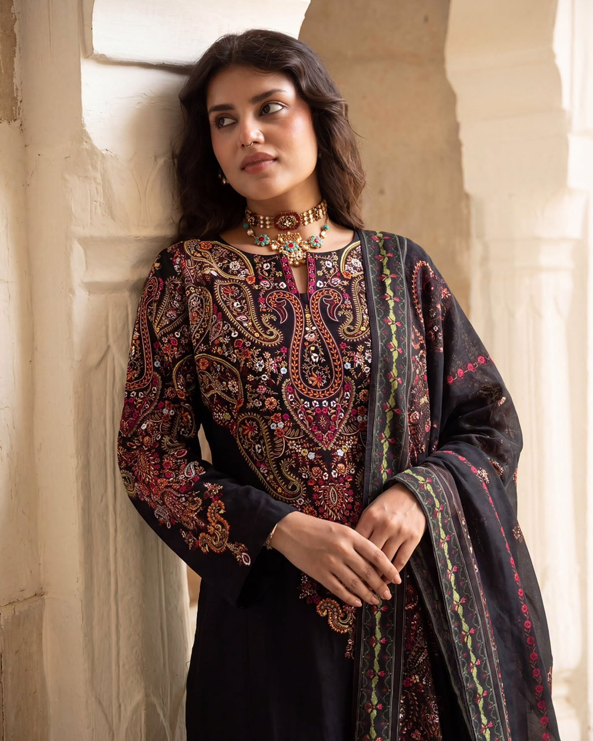 Dhanak-3PC  Embroidered Shirt with Digital Printed Shawl - 6485