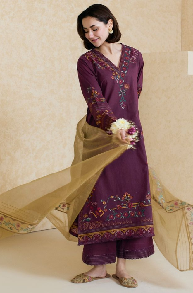 Dhanak -3PC Embroidered Shirt With Organza Embroidered Dupatta-3343