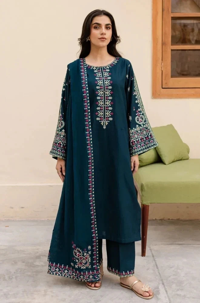 Dhanak-3PC  Embroidered Shirt with Chiffon Embroidered Dupatta - 6162