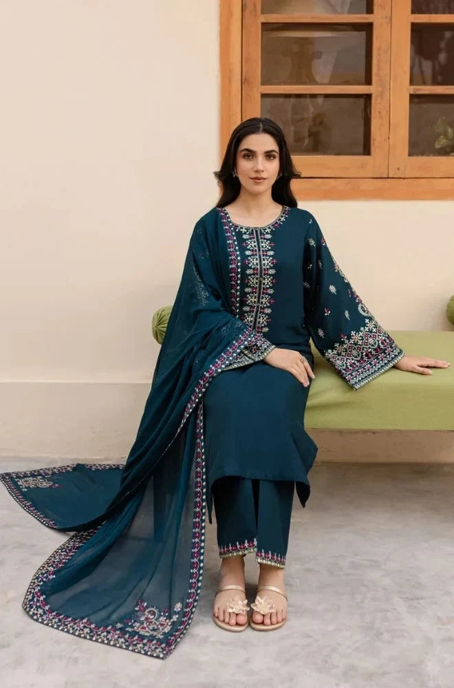 Dhanak-3PC  Embroidered Shirt with Chiffon Embroidered Dupatta - 6162