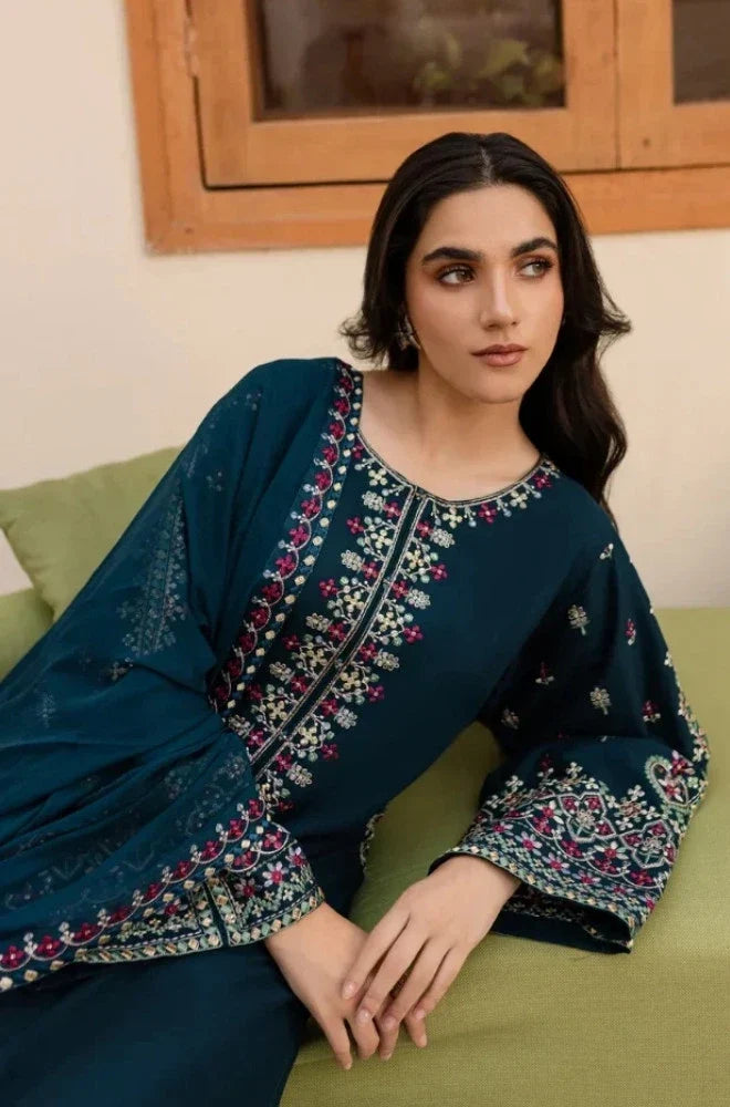 Dhanak-3PC  Embroidered Shirt with Chiffon Embroidered Dupatta - 6162