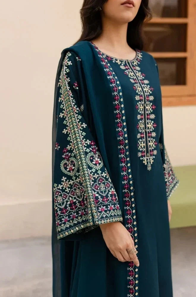 Dhanak-3PC  Embroidered Shirt with Chiffon Embroidered Dupatta - 6162