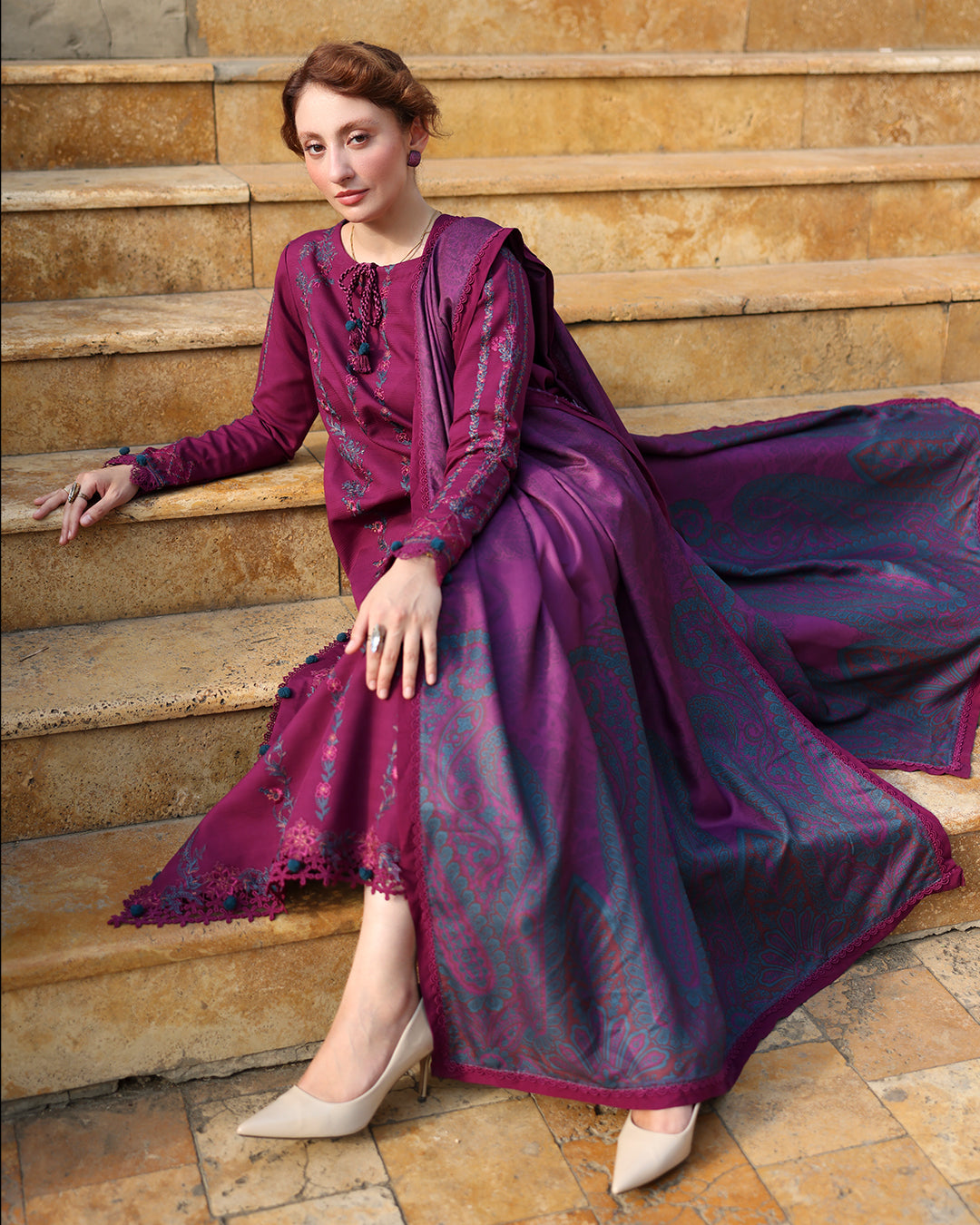 Dhanak-3PC Embroidered Shirt with Digital Printed Shawl - 6043