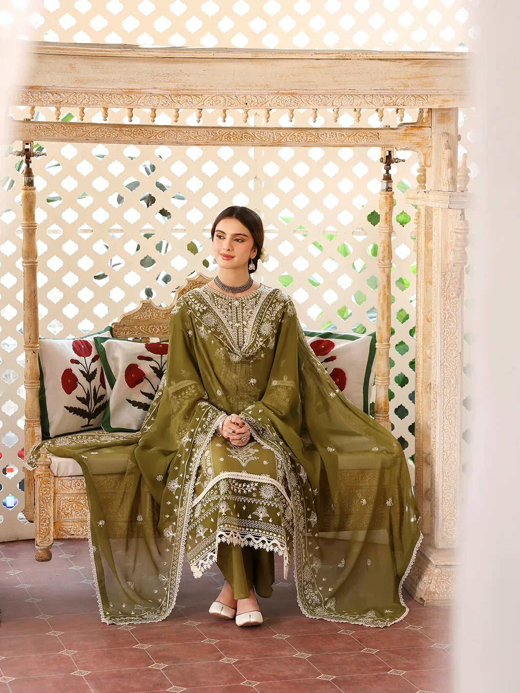 Dhanak-3PC  Embroidered Shirt with Khadi Net Embroidered Dupatta - 6211